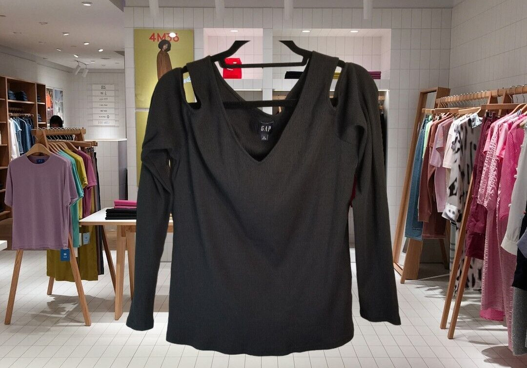 Gap Women’s Top Shirt Black Ribbed Cold Shoulder Design Boutique Size XL
