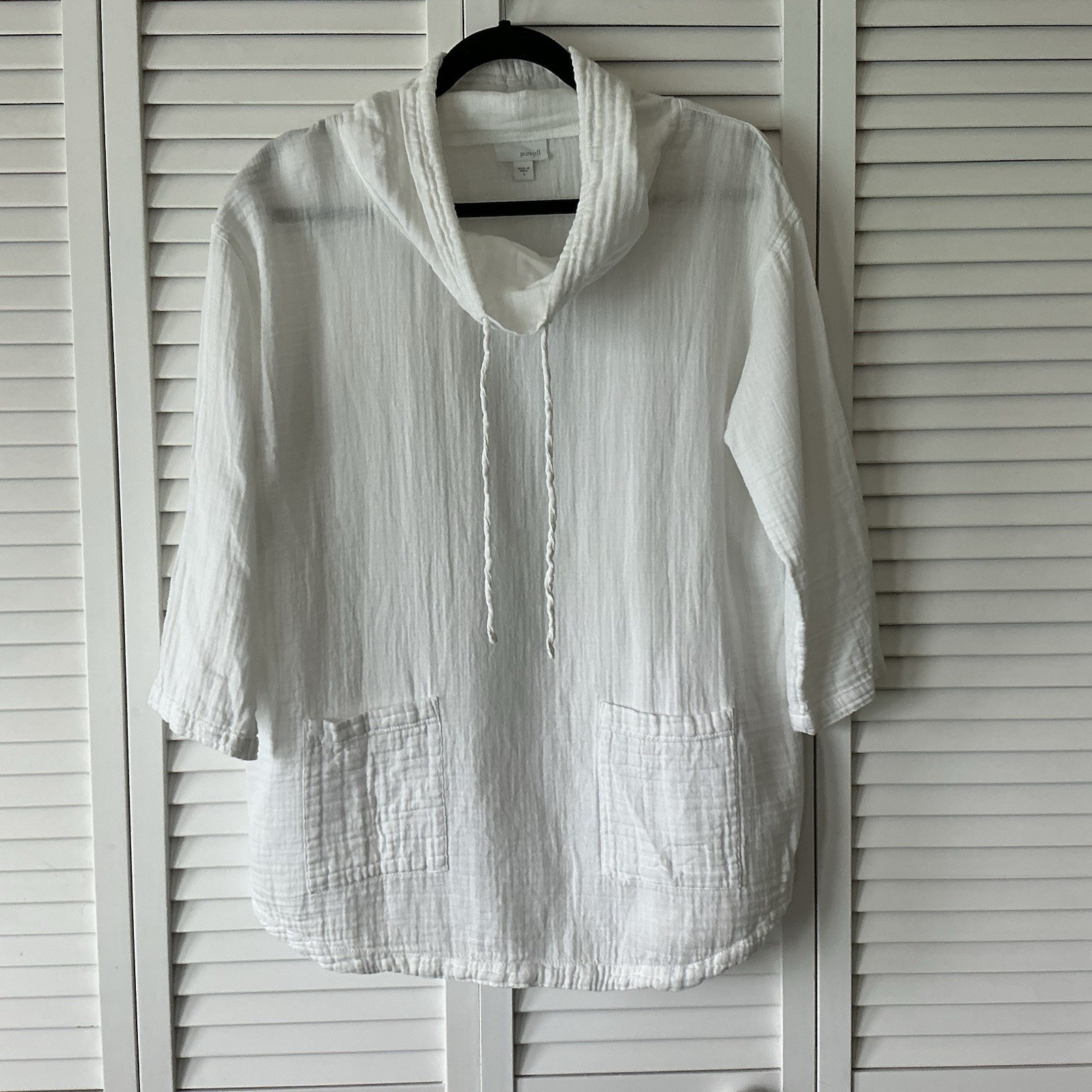 Pure Jill Crinkled Cotton Lagenlook Tunic Top Sz S White Funnel Neck Hoodie Boho