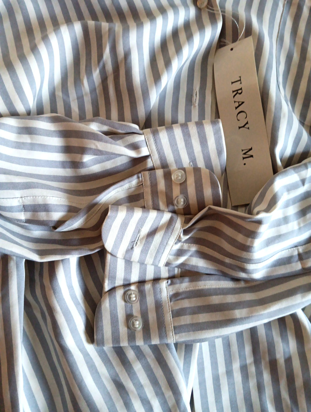 Vintage Tracy M NWT 100% Silk Blouse Shirt Grey & White Striped Button Up Size M