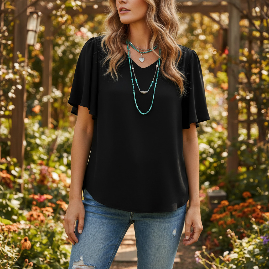 Zenana Top Black Flutter Sleeves Office Boho Minimalist Whimsigoth Flowy Chic XL