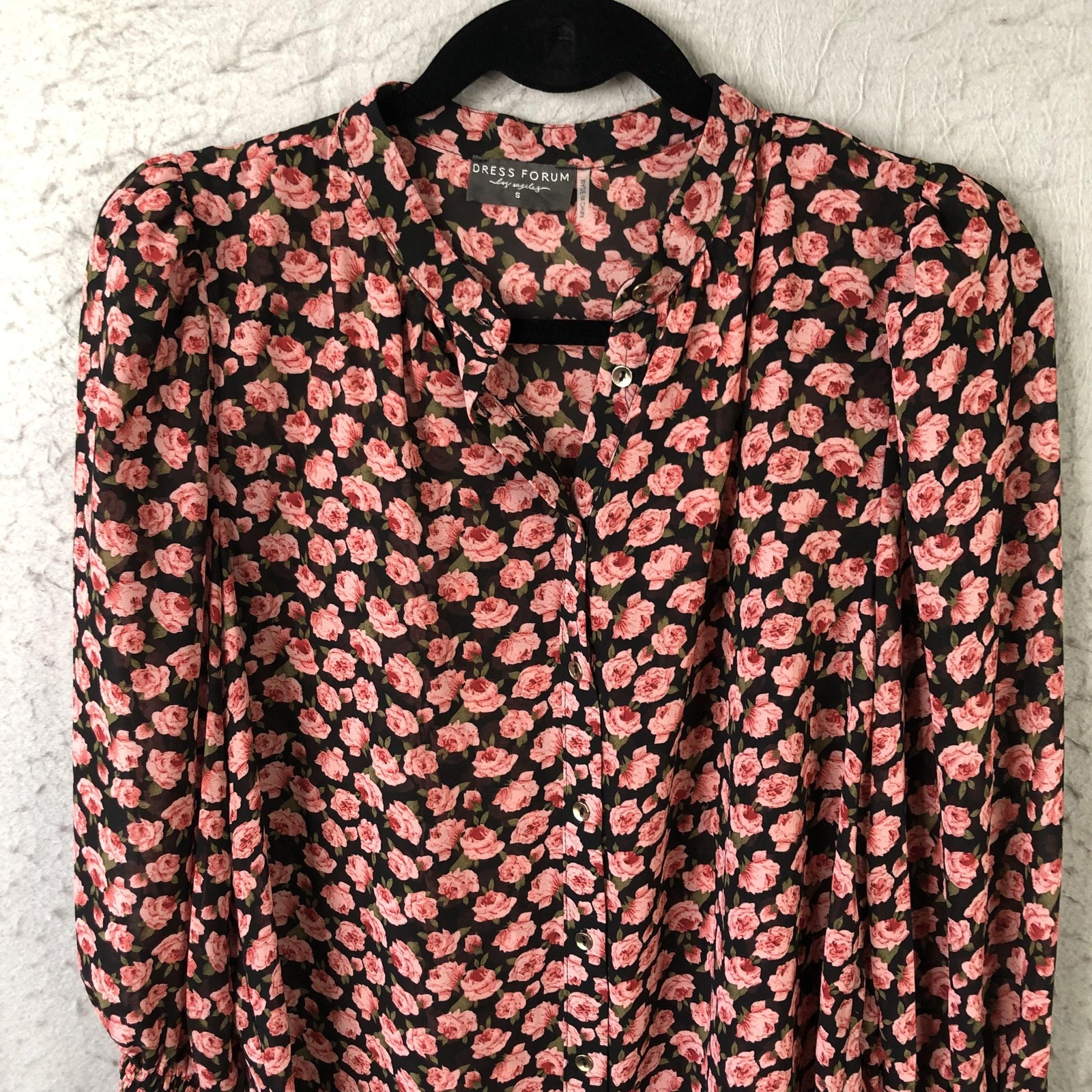 Feminine top Womens S Black Rose Dark Floral Button Front Sheer Ruffle Cottage