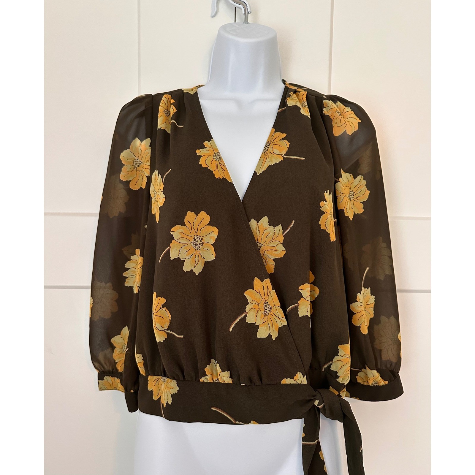 Madewell Floral Wrap Blouse Olive Green Yellow V-Neck Side Tie Top XS