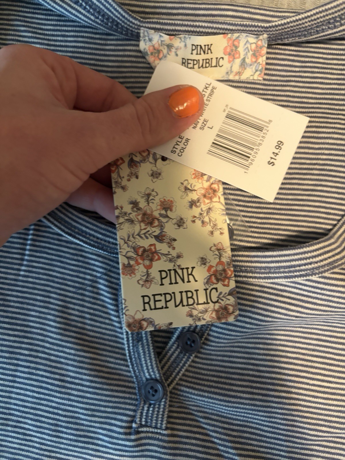 NWT Kohl’s Pink Republic Blue and White Striped Henley Tee, Size Large