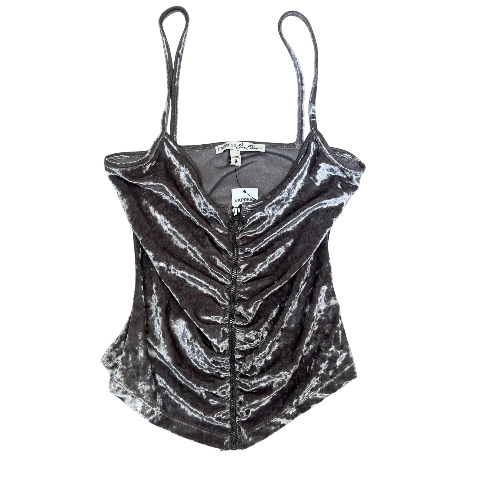 Express One Eleven Tank Top Women S Crushed Velvet Zip Front Ruched Camisole Y2K