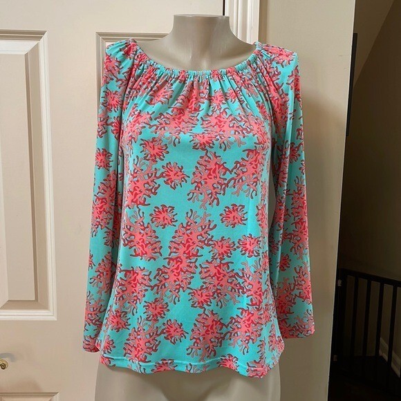 Tracy Negoshian colorful coral print blouse/ top, xs