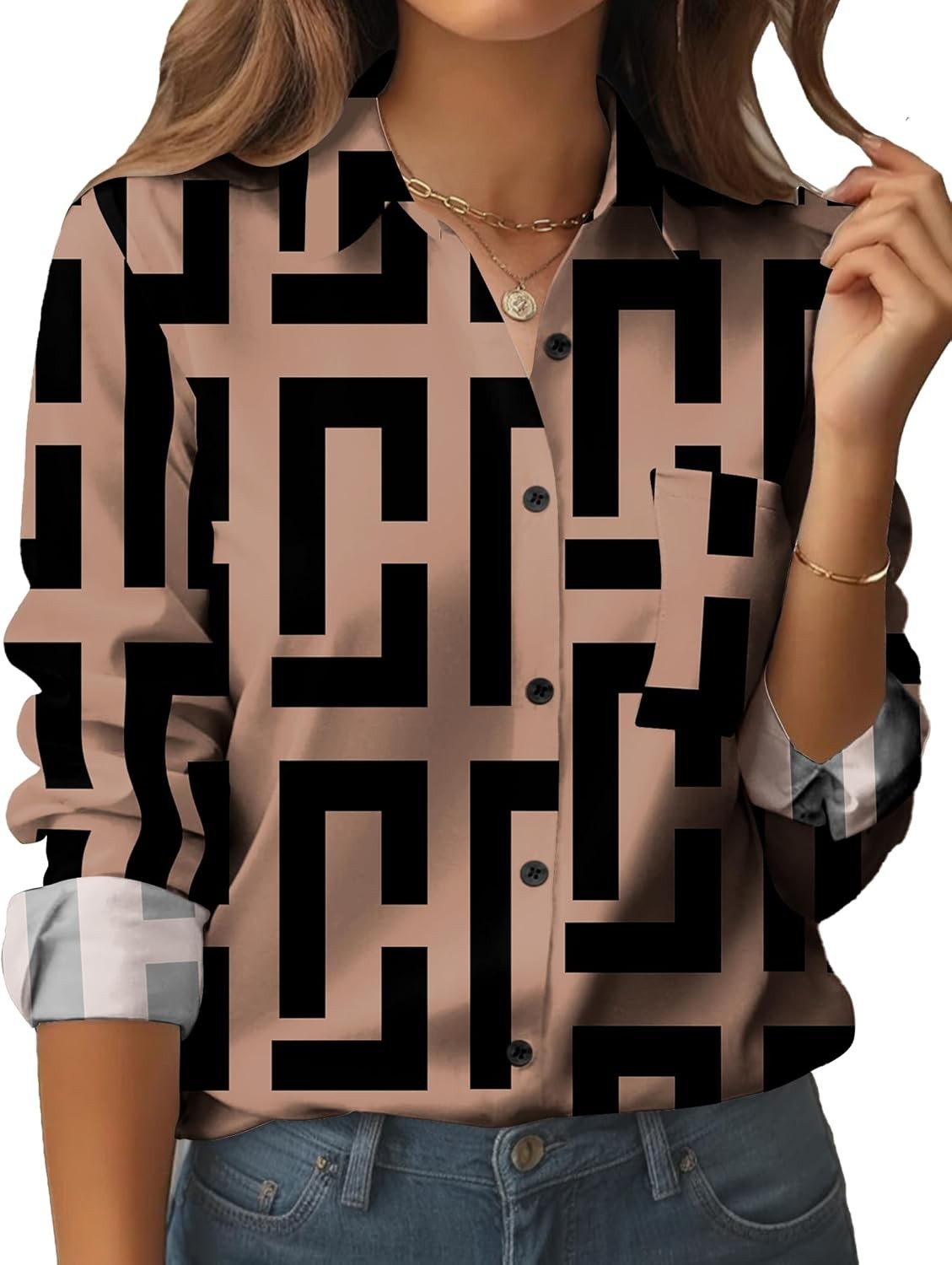 Womens Long Sleeve Button Down Shirt Casual Work Blouse Floral Print Top