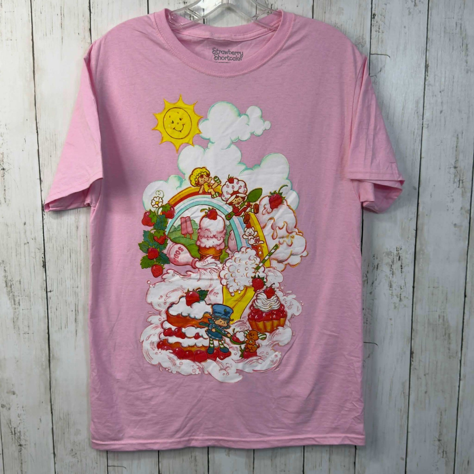 Strawberry Shortcake Women’s Pink Graphic Rainbow Dessert T-Shirt Size M