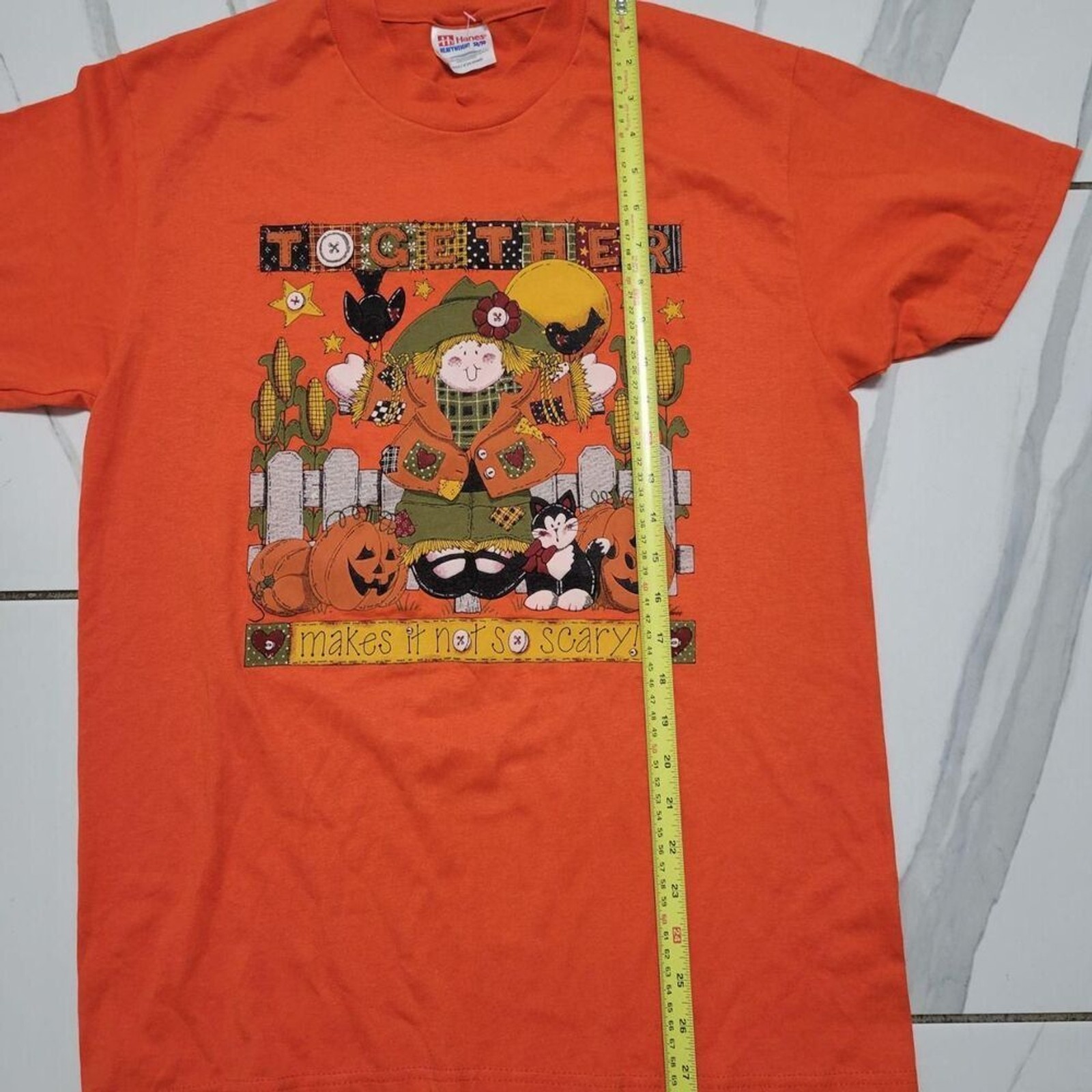 Vintage 90s Halloween Scarecrow Black Cat Pumpkin Folk Art Tee