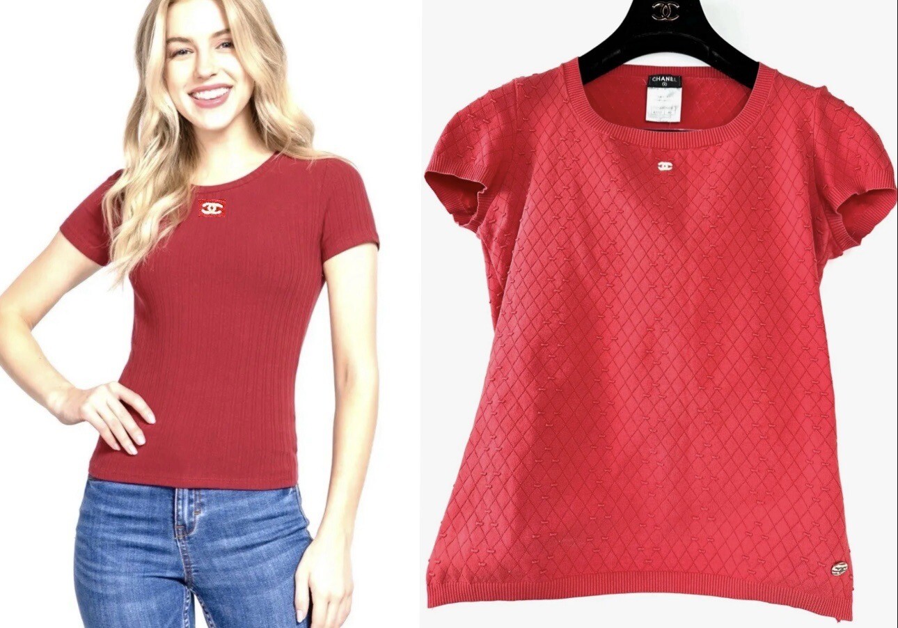 3K Chanel 2014 Barbie Red Sweater Top 36 38 40 4 6 8 T-Shirt White CC Logo S M