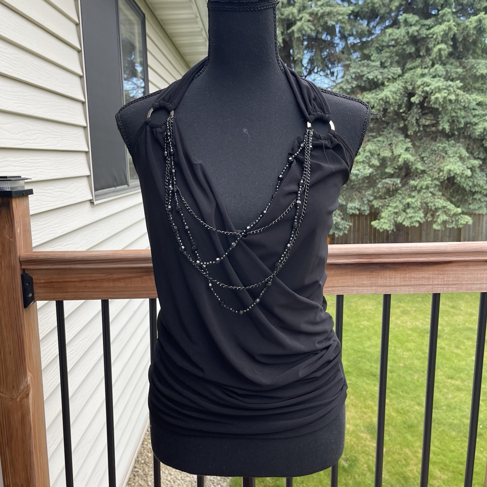 VTG Y2K Vanity Black Halter Top Slinky Draped Neckline Attached Necklace Medium