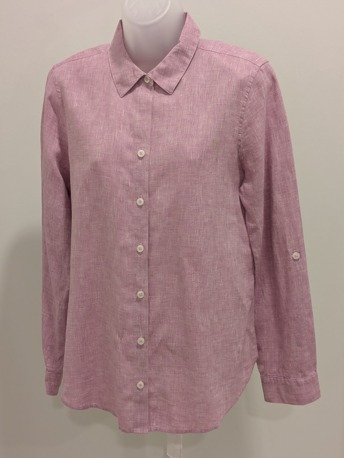 Chico’s 00 No-Iron Solid Linen Cane Orchid Color Button-Up 3/4 Sleeve NWT