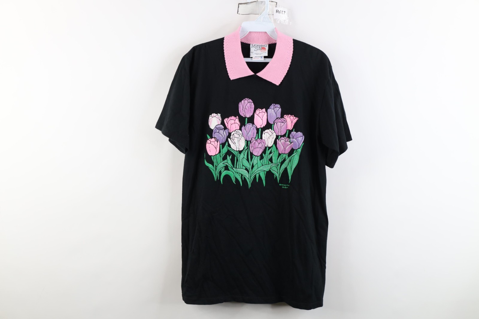 Vintage 90s Streetwear Womens Large Tulip Flowers Collared T-Shirt Black USA