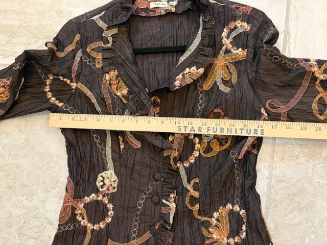 AGORA Vintage Crinkle Ruffle Blouse Ribbon Embroidered Sz Small Whimsigoth Artsy