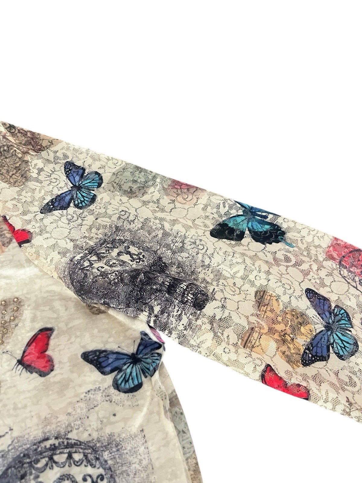Zuriel Plus Sheer Mesh Butterfly Travel Postcard Print Rhinestone V Neck Top