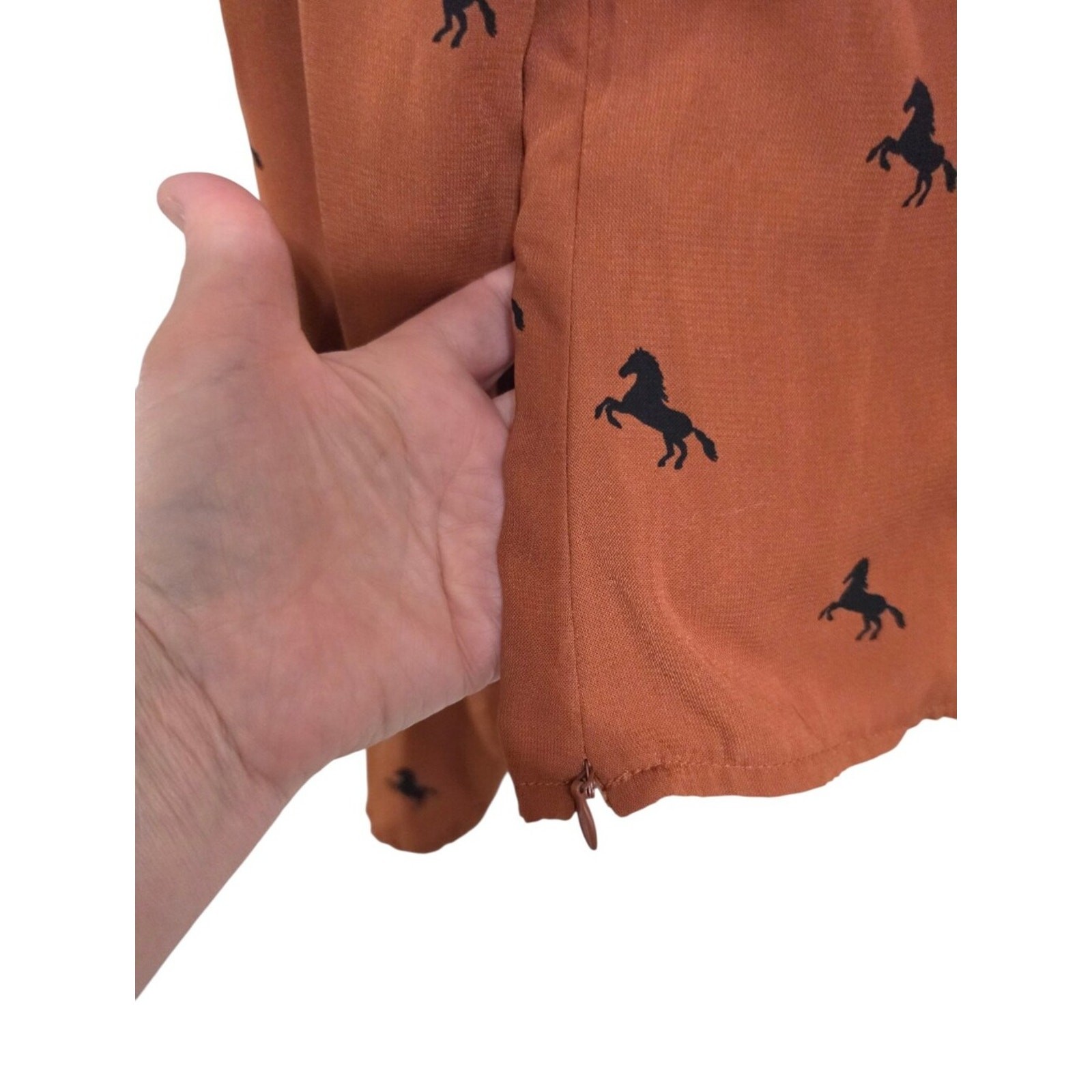 Brown Black Horse Print Long Bishop Sleeve Top S Western Boho Country Cowgirl