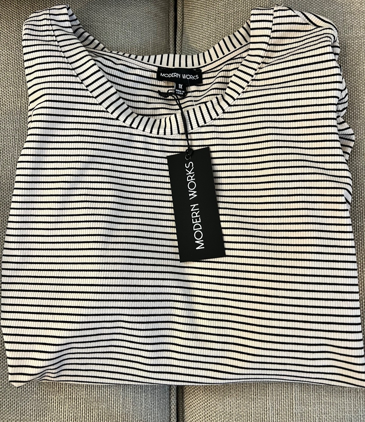 Modern Works Tan and Black Stripe Stretch Ribbed Pullover Top Size 1X NWTS