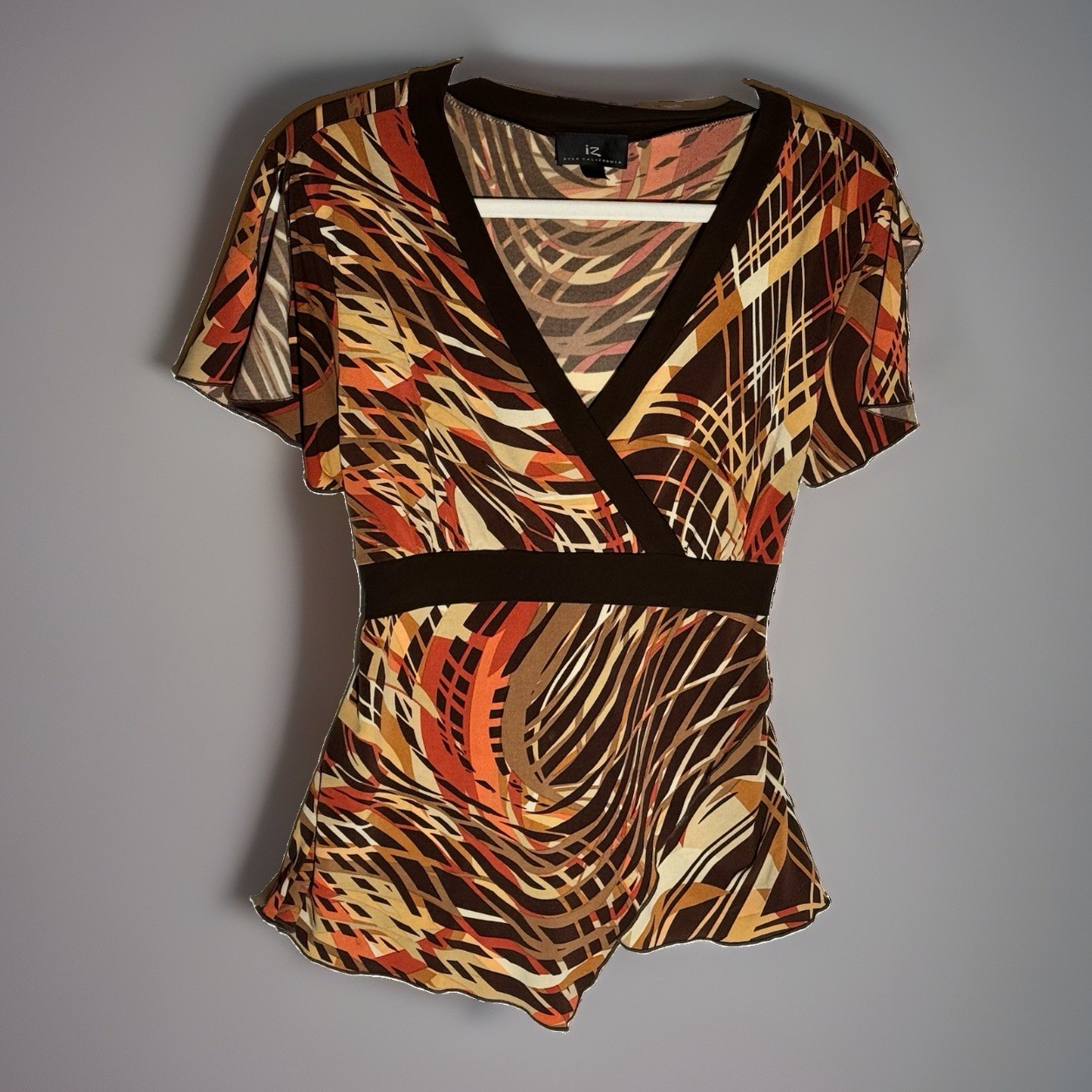 Y2K Asymmetric Babydoll Top XL Retro Brown Multicolor Short Flutter Slit Sleeve