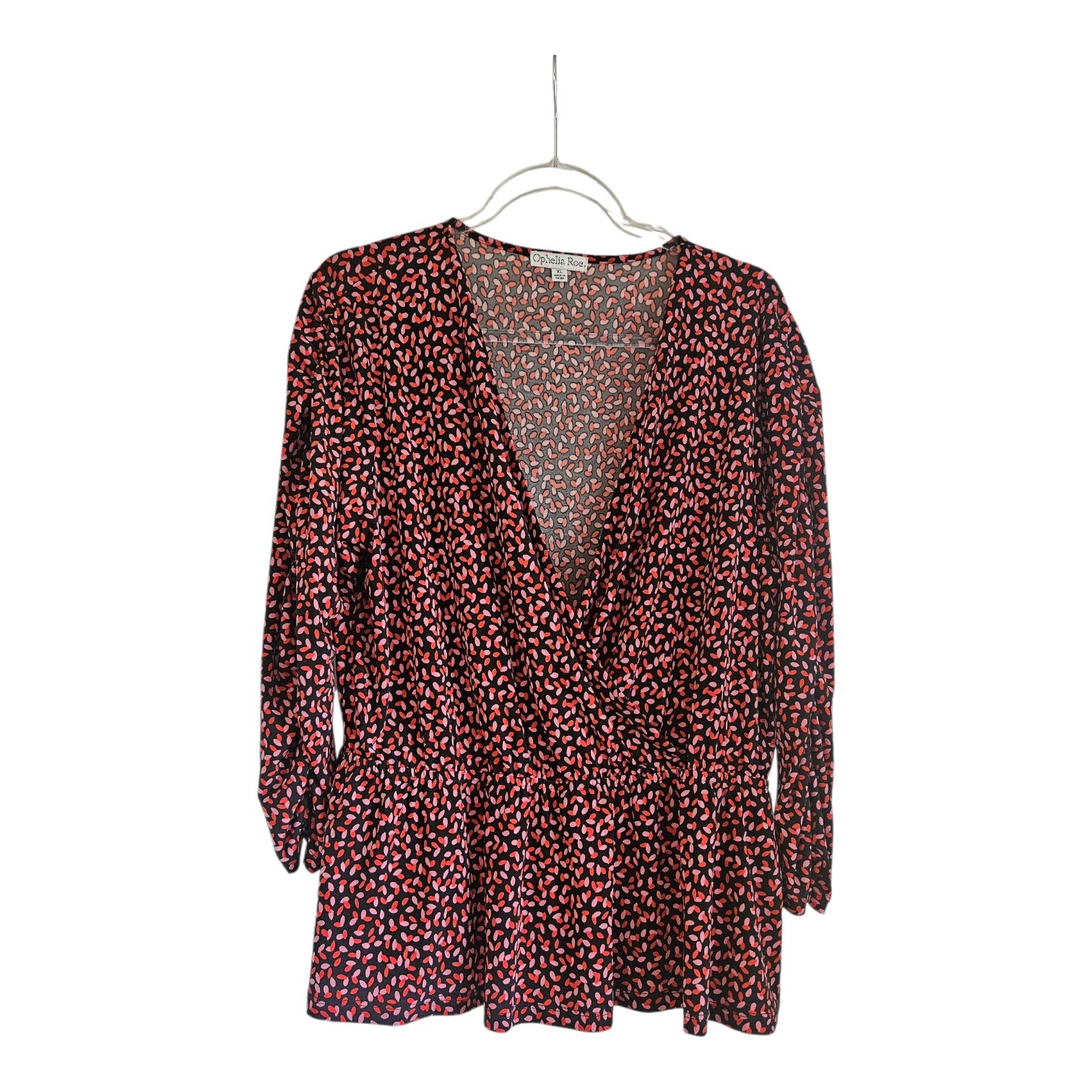 Ophelia Roe NWT Womens XL Blouse Black Red Stretch V-Neck Ruched Sleeves Peplum