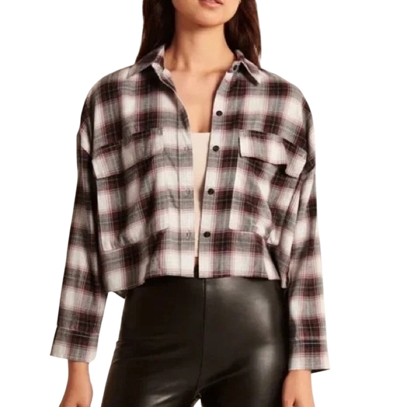 Abercrombie & Fitch 90s Cropped Flannel White Gray Pink Size S
