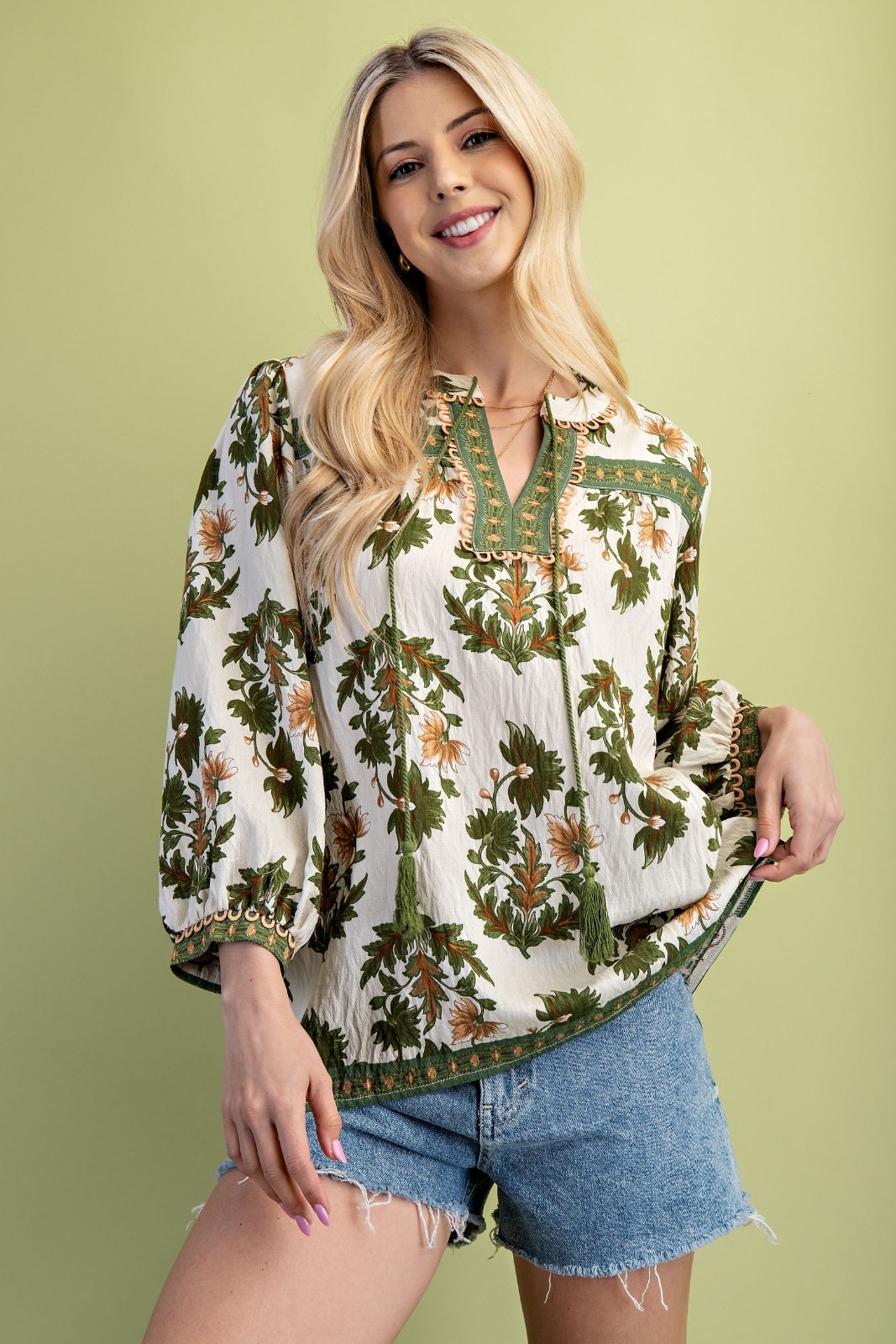 Gigio by Umgee Olive Floral Print 3/4 Sleeve Blouse Decorative Embroidery Trim