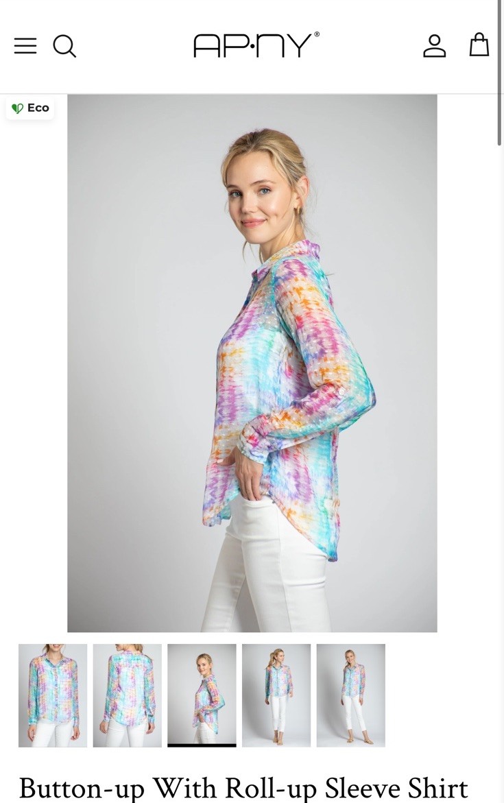 APNY Button-up W/ Roll-up Sleeve Shirt Women’s Size M Rainbow Tie Dye Top Blouse