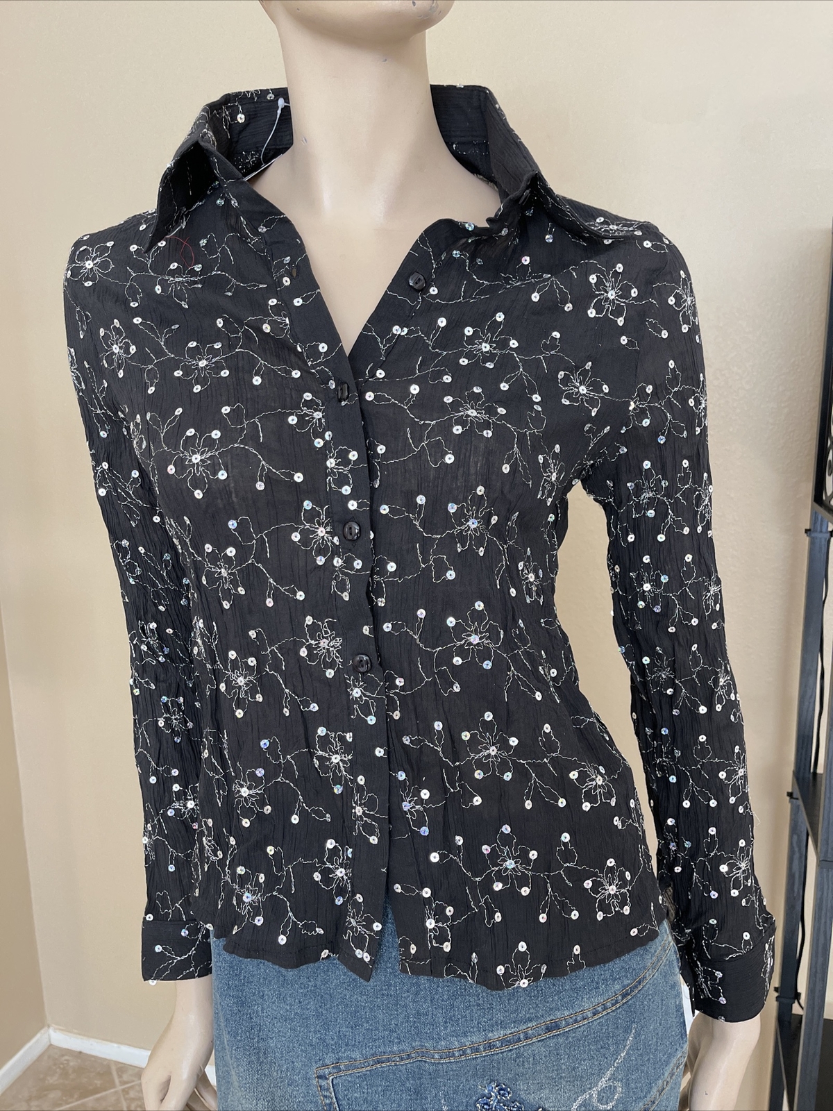 Women’s Black Cotton Casual Button Up Beaded Embroidered Size S Blouse Top