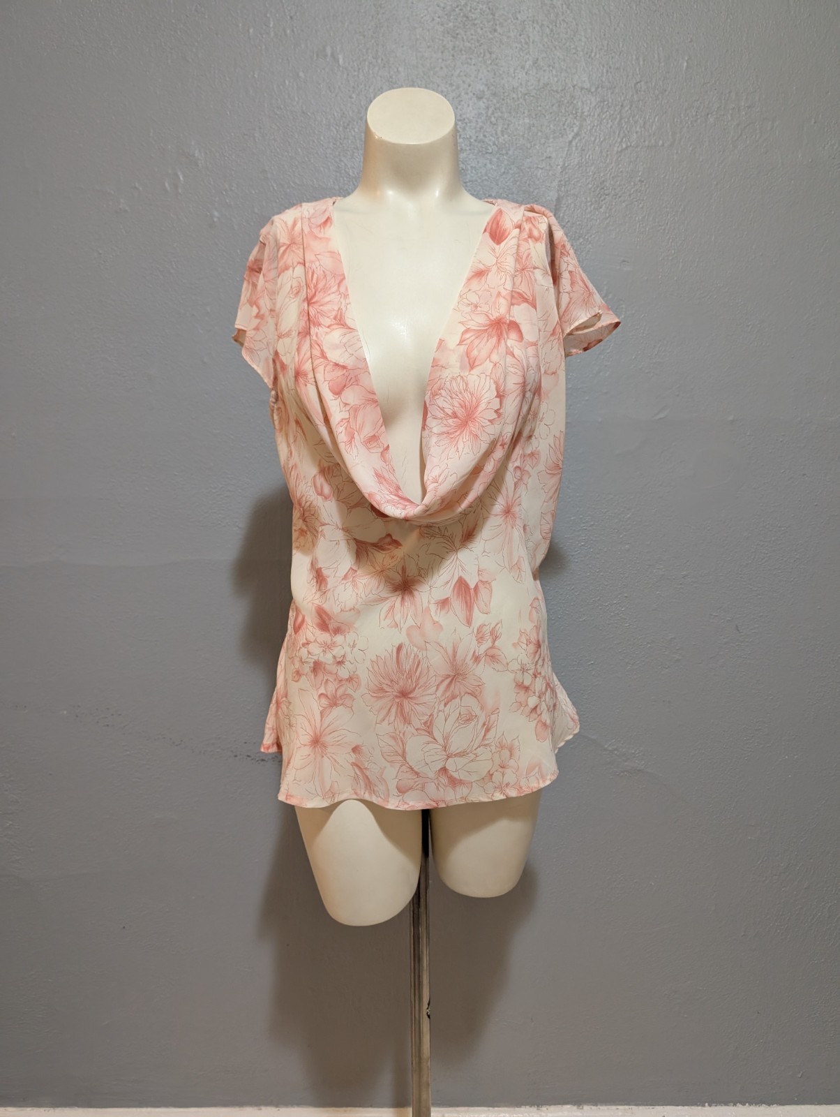 Vintage Cottage Core Top L Flower Print Pink White Deep Scoop Neck Flutter Fairy