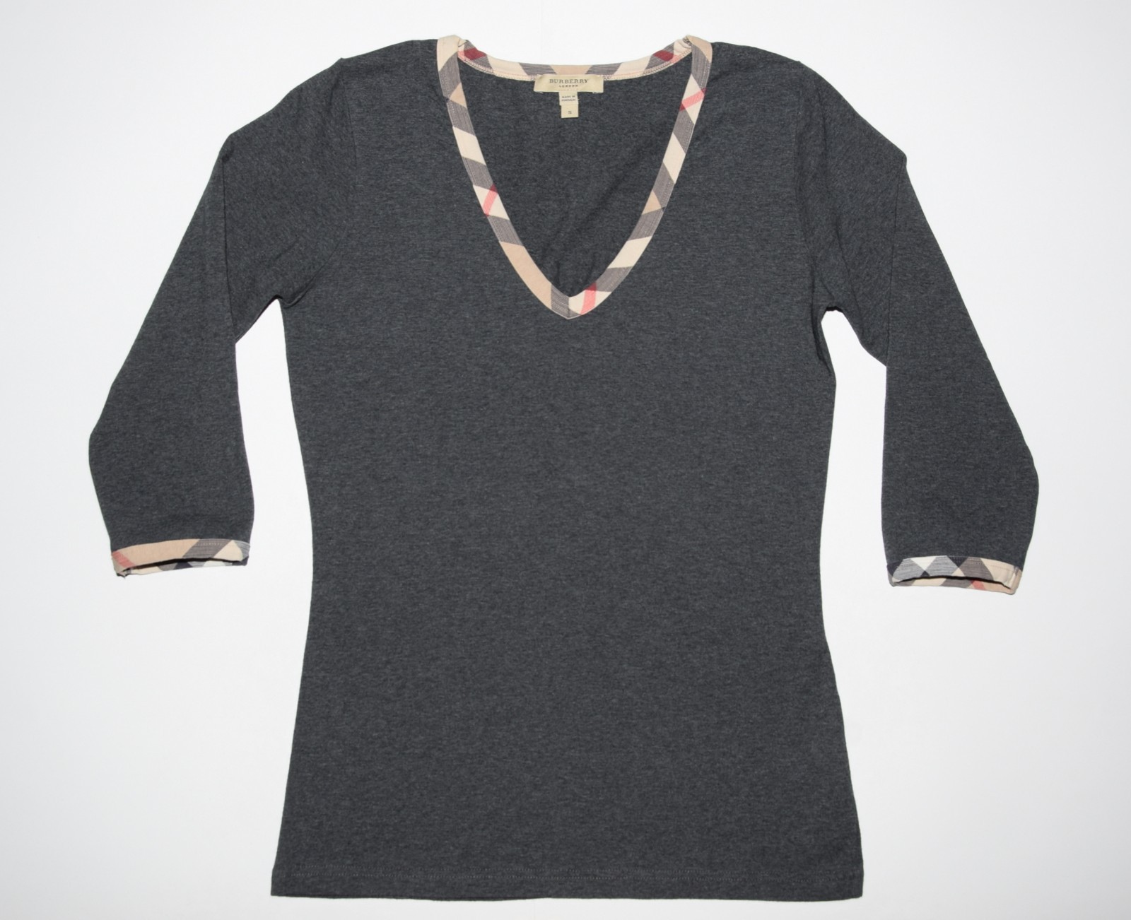 AUTHENTIC WOMEN’S BURBERRY BLOUSE NOVA CHECK TRIM STRETCH TOP Sz. S P2P 17″ MINT