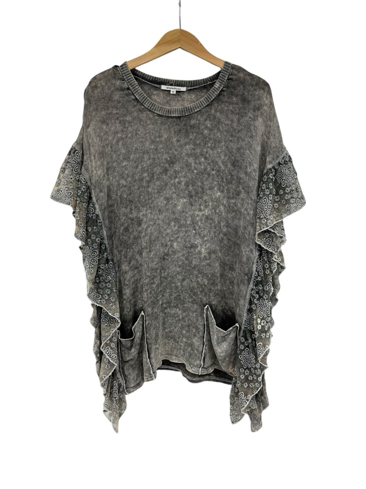 Violet Ruby Gray Black Mineral Wash Boho Hippie Lace Ruffle Tunic Top Womens M