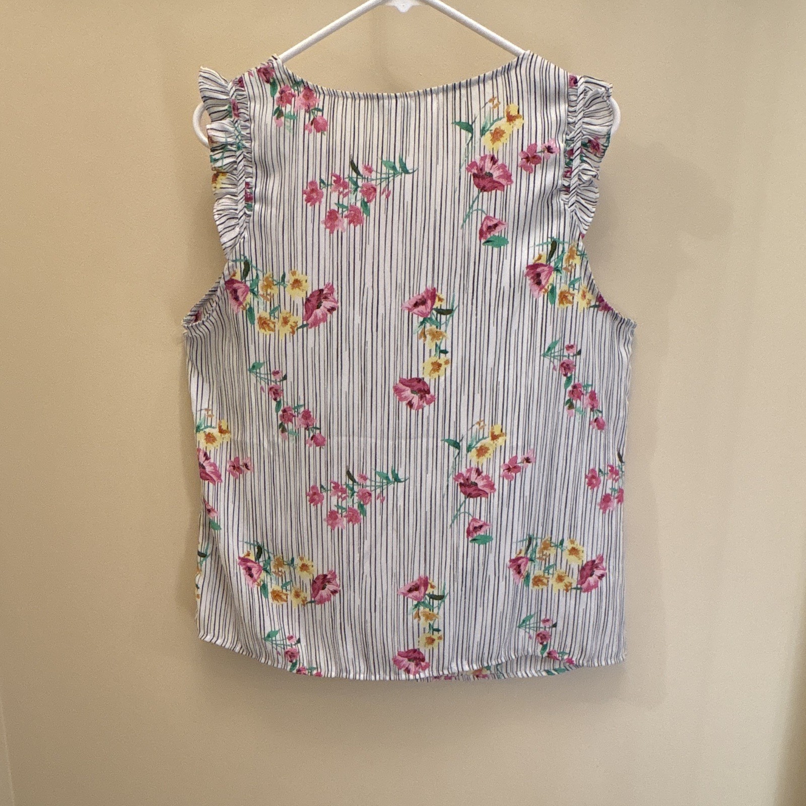 Elle White Floral Stripe Woven Ruffle Sleeveless Pullover Tank Top Regular L