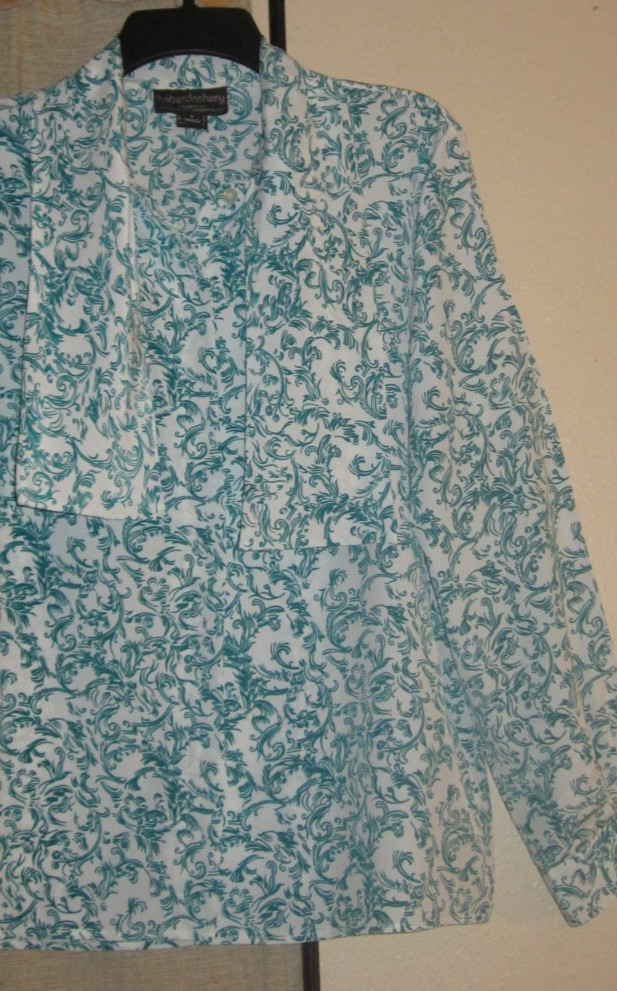 8 s shirt blouse dressy top eggshell blue green teal design vintage Haberdashery