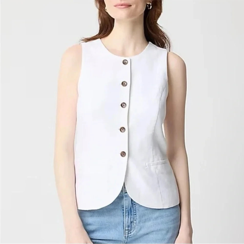 J. Crew White Linen Blend Scoop Neck Long Button Front Vest 6 NWT