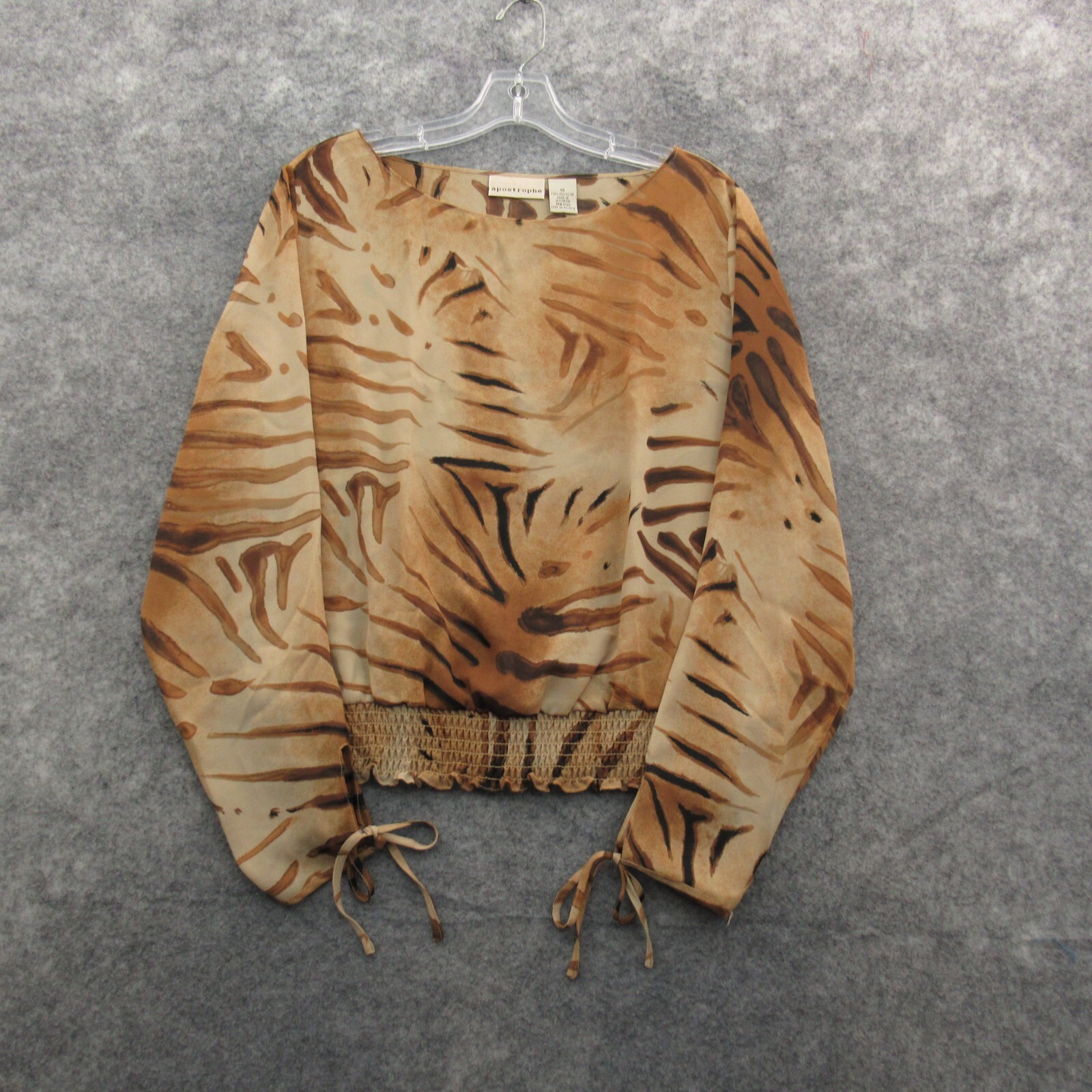 Apostrophe Womens Blosue 14 Brown Long Sleeve Semi Sheer Elastic Waist Shirt Top