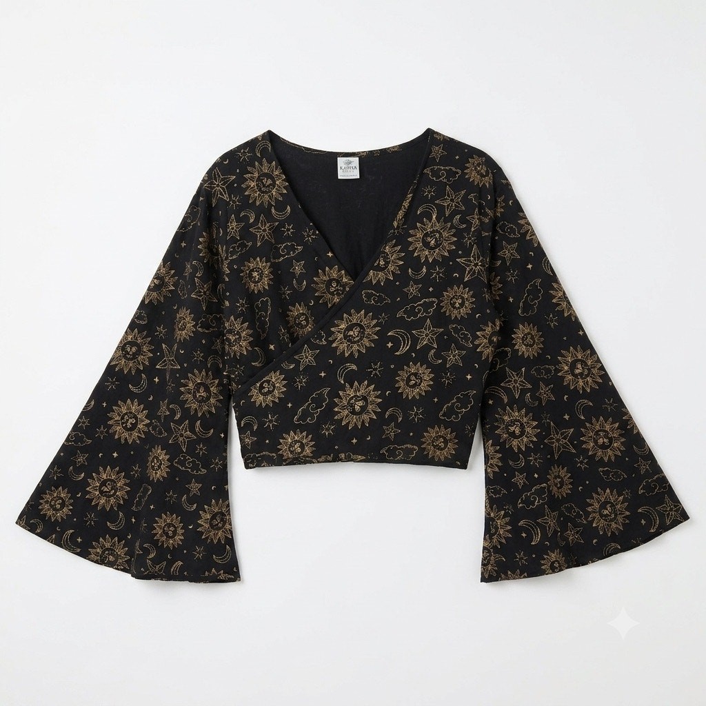 Karma Nepal Crafts Celestial Printed Wrap Top Black Gold Bell Sleeve Plus