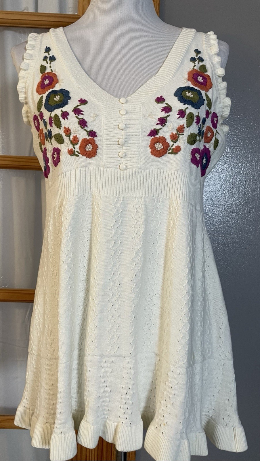 Y2K RXB Floral Embroidery A-Line Top L Orange Purple Knit Ruffles Buttons Boho
