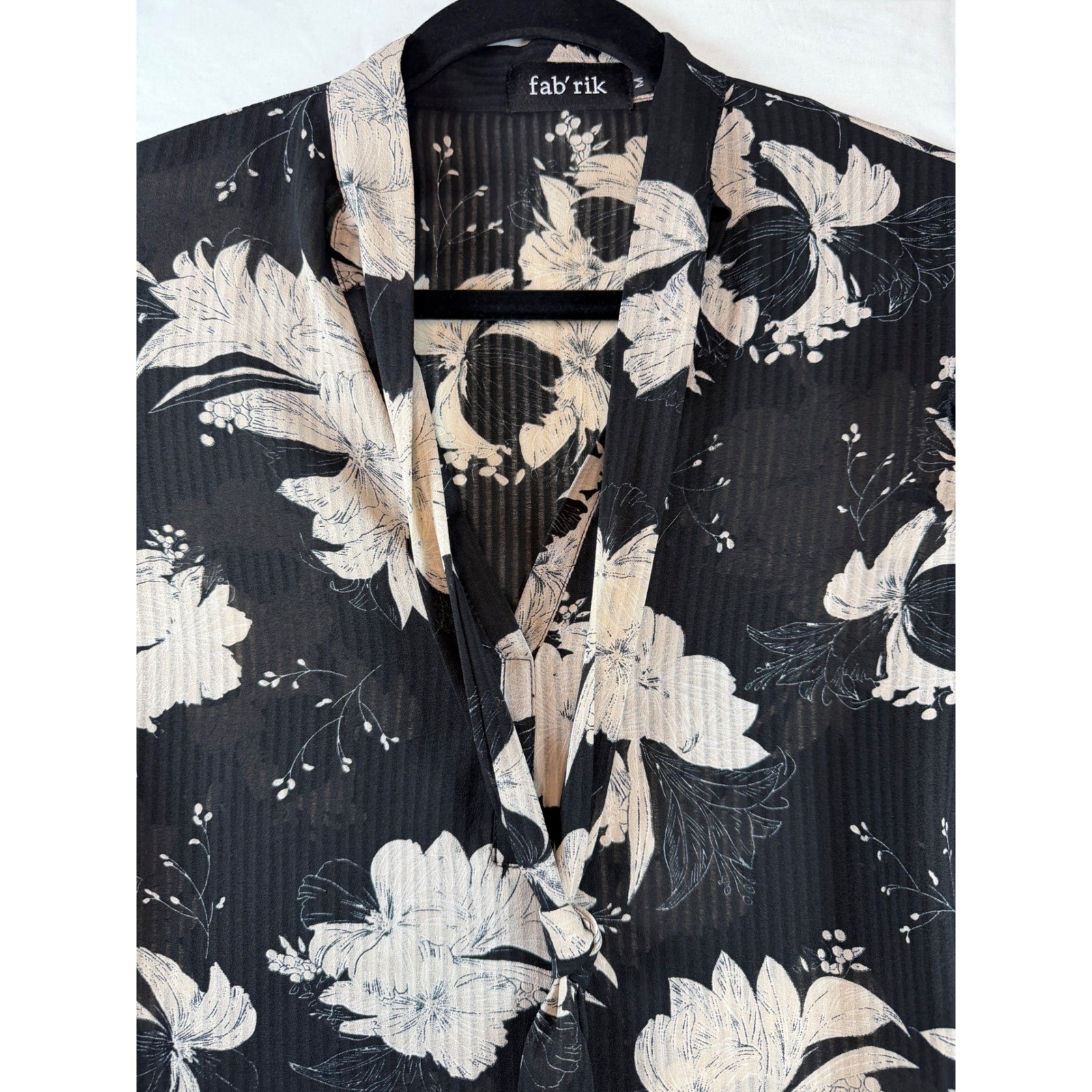 fab’rik Black Cream Floral Ruffle Shoulder Sheer Blouse sz Med feminine