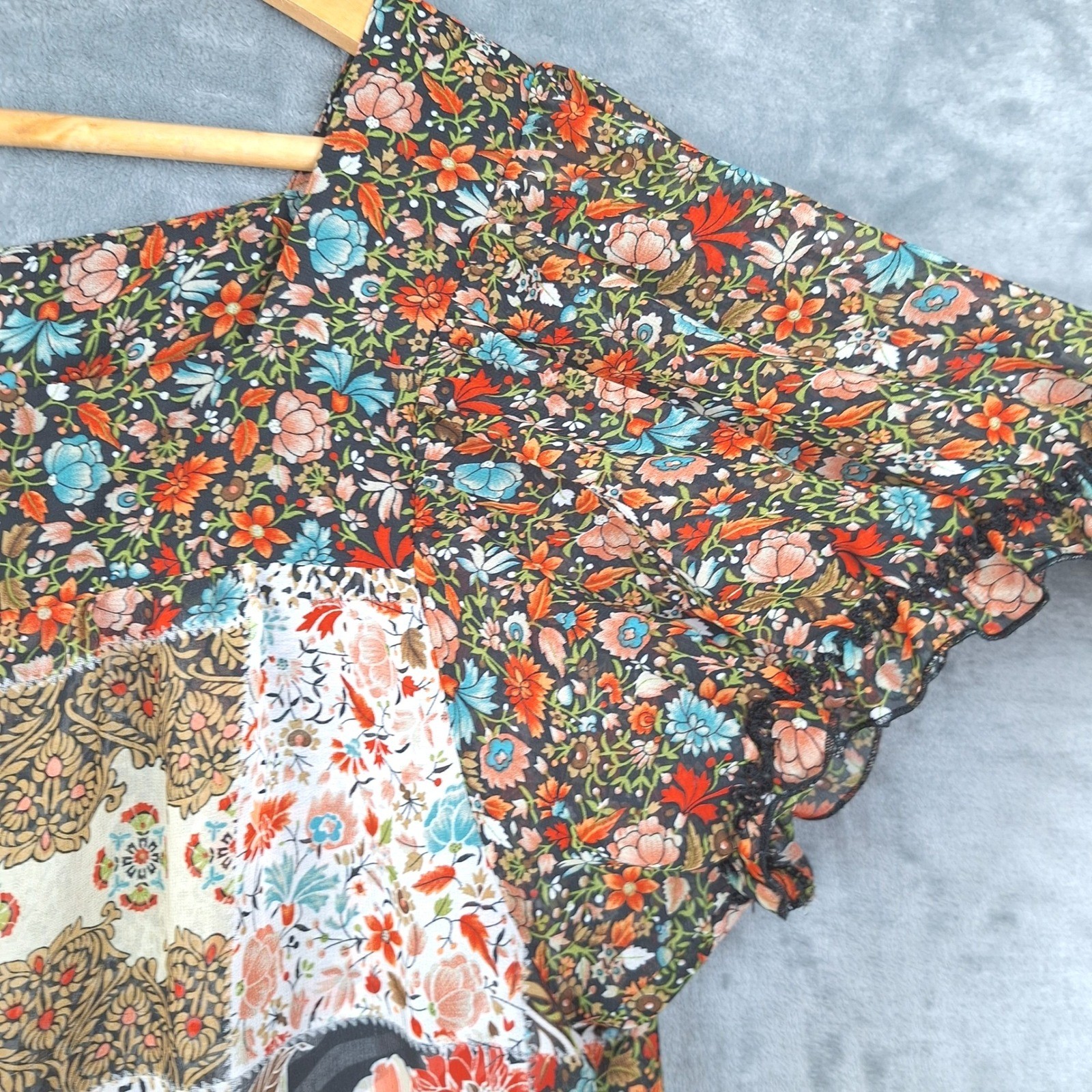Womens Top Large Boho Patchwork Floral Animal Print Peasant Retro Festival Sheer