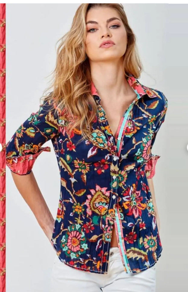 CINO Barbados Button Up Shirt Size XSmall Indigo Blue Boho Floral Coastal Preppy