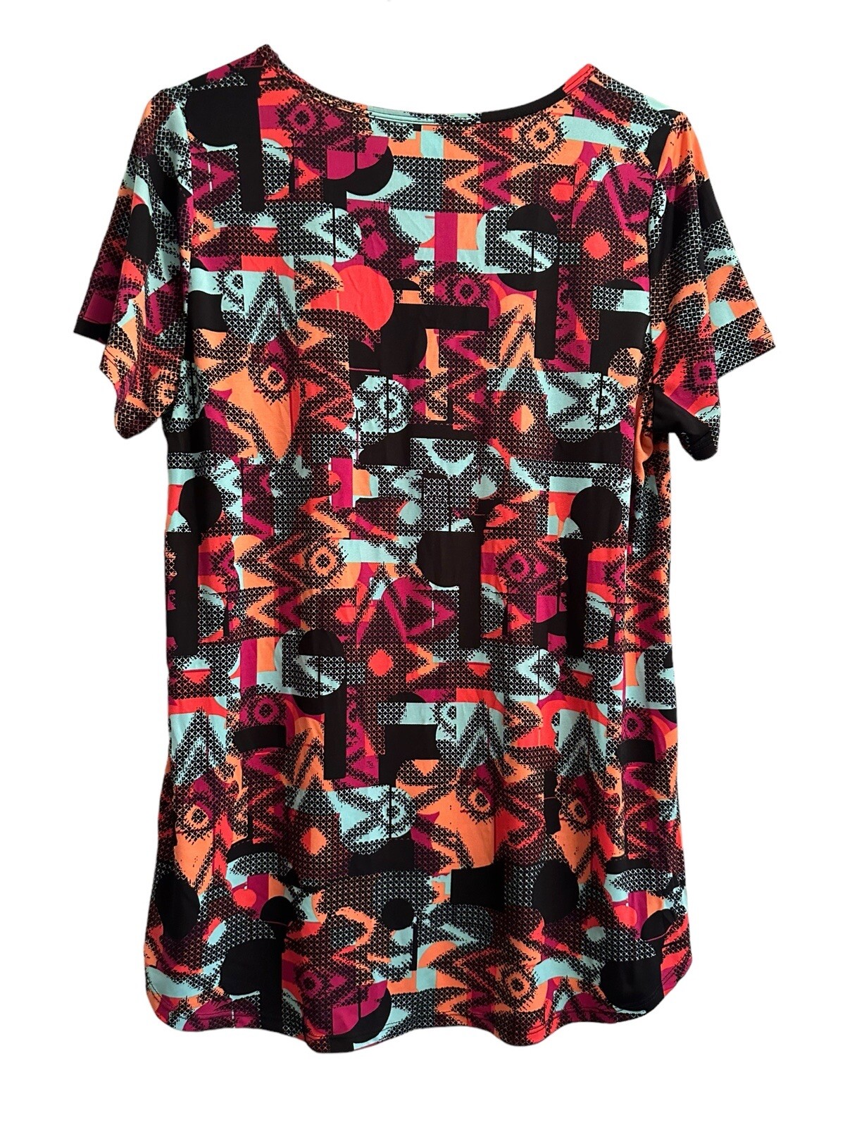 LuLaRoe Geometric Pullover Tunic Blouse Womens Medium Pink Black Multicolor