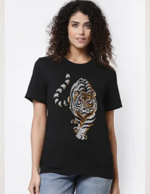 New Women Luxury Diamond Tiger Rhinestones Black White T-Shirt High Quality