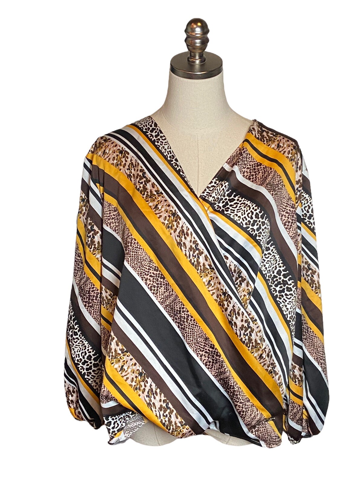 Andrew Marc New York Faux Wrap Blouse Blouson Animal Print Yellow Black XL