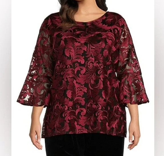 Caroline Rose L Floral Lace Tunic Top Wine Black