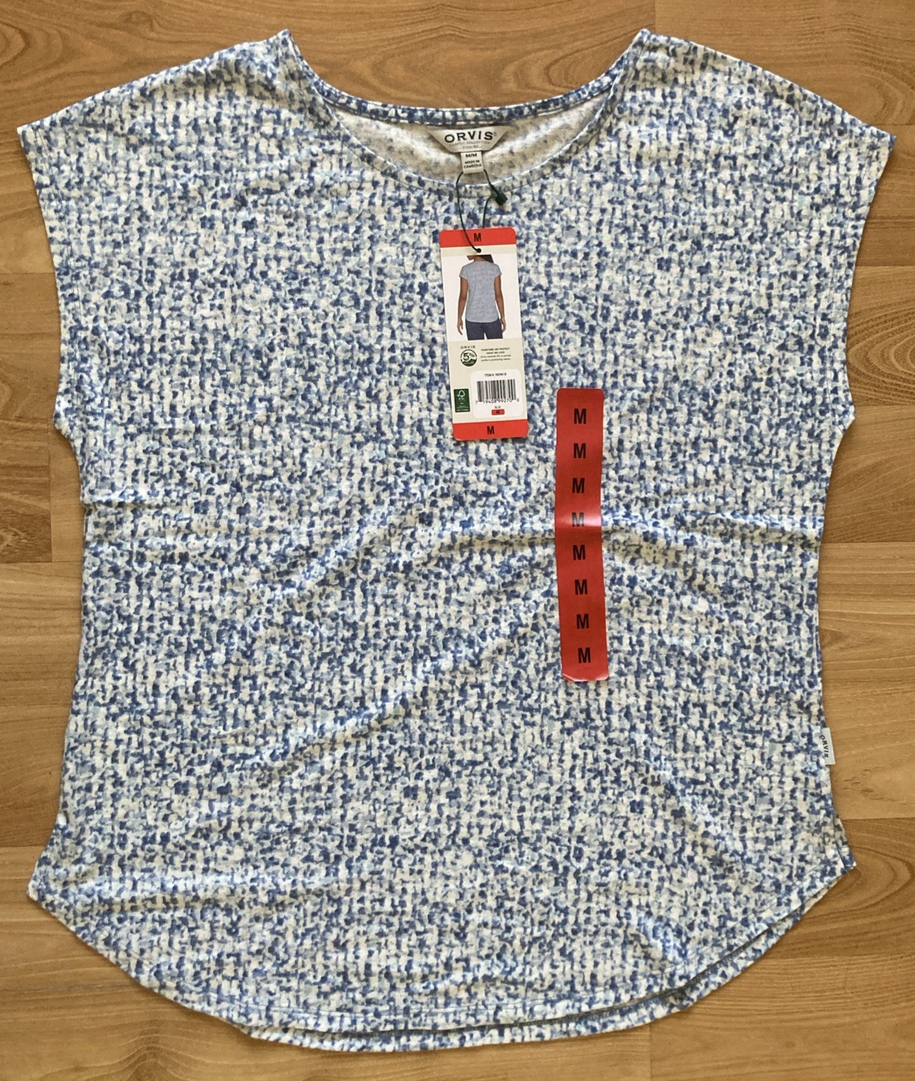 Orvis Ladies Round Neck Tunic Blue & White Shirt Size Medium