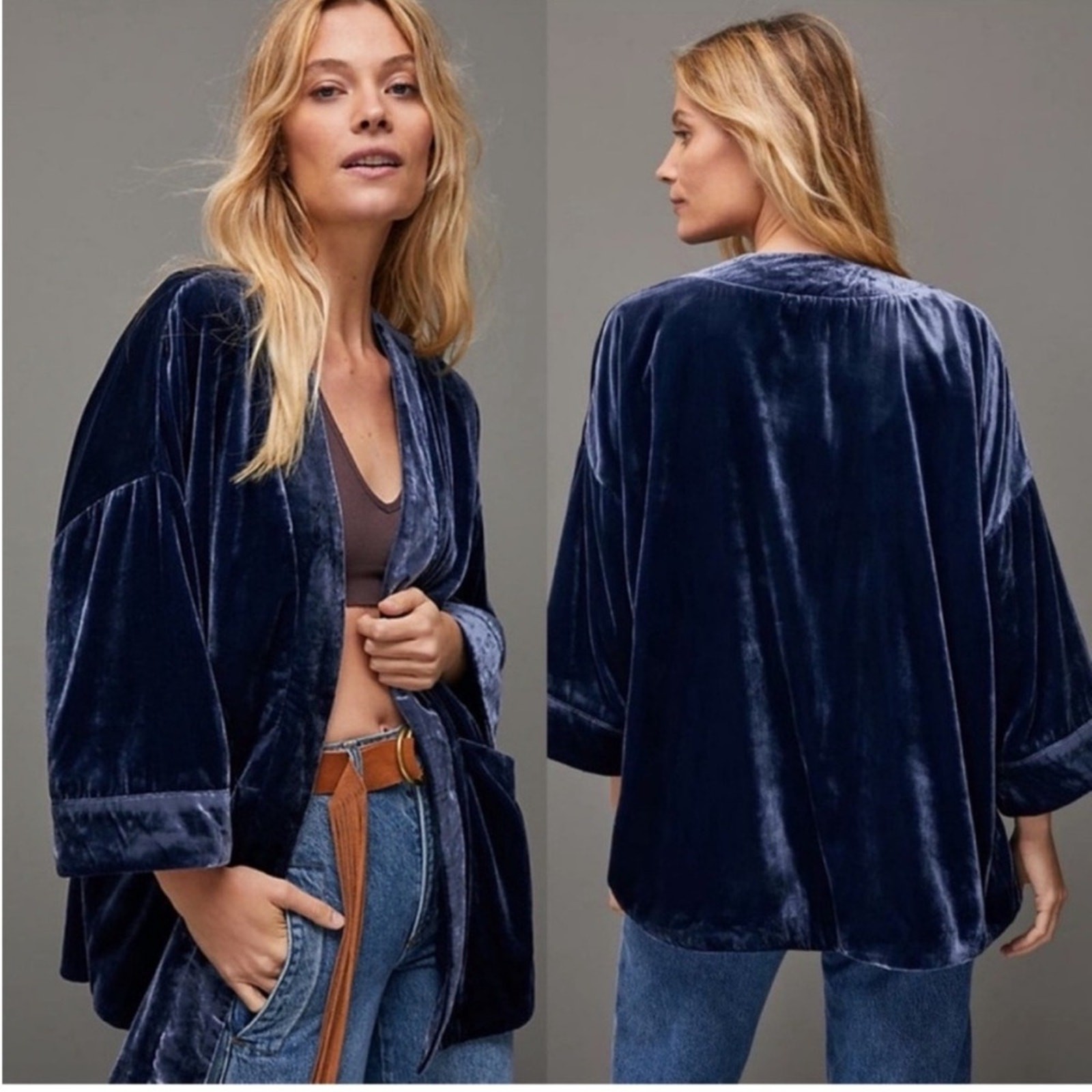 Anthropologie Esme Velvet Kimono Navy Blue Size Small