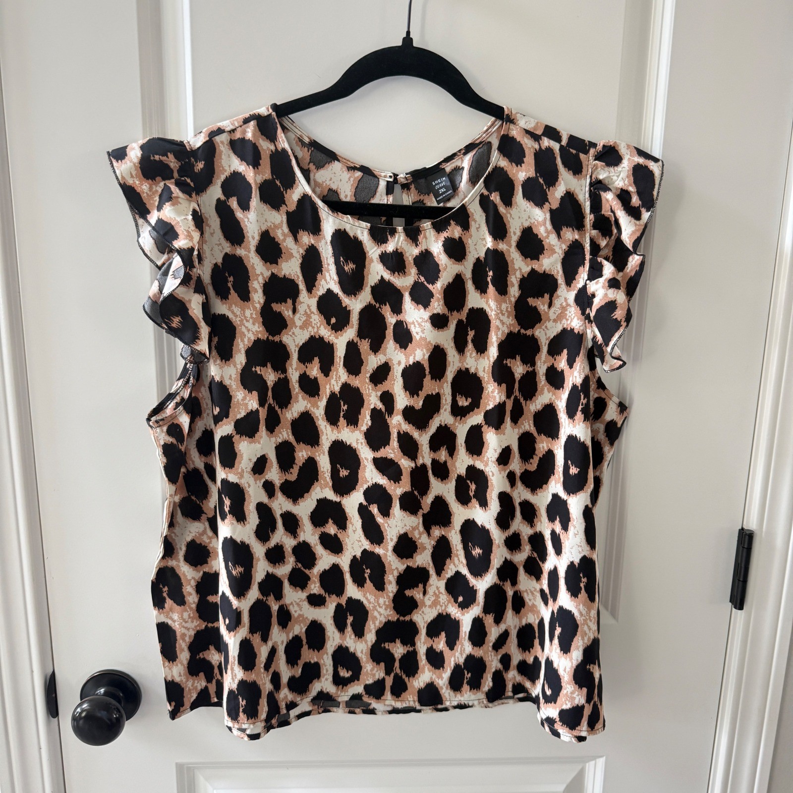 SHEIN Curve Leopard Print Ruffle Sleeve Blouse Tan Black 2XL Animal Print Top