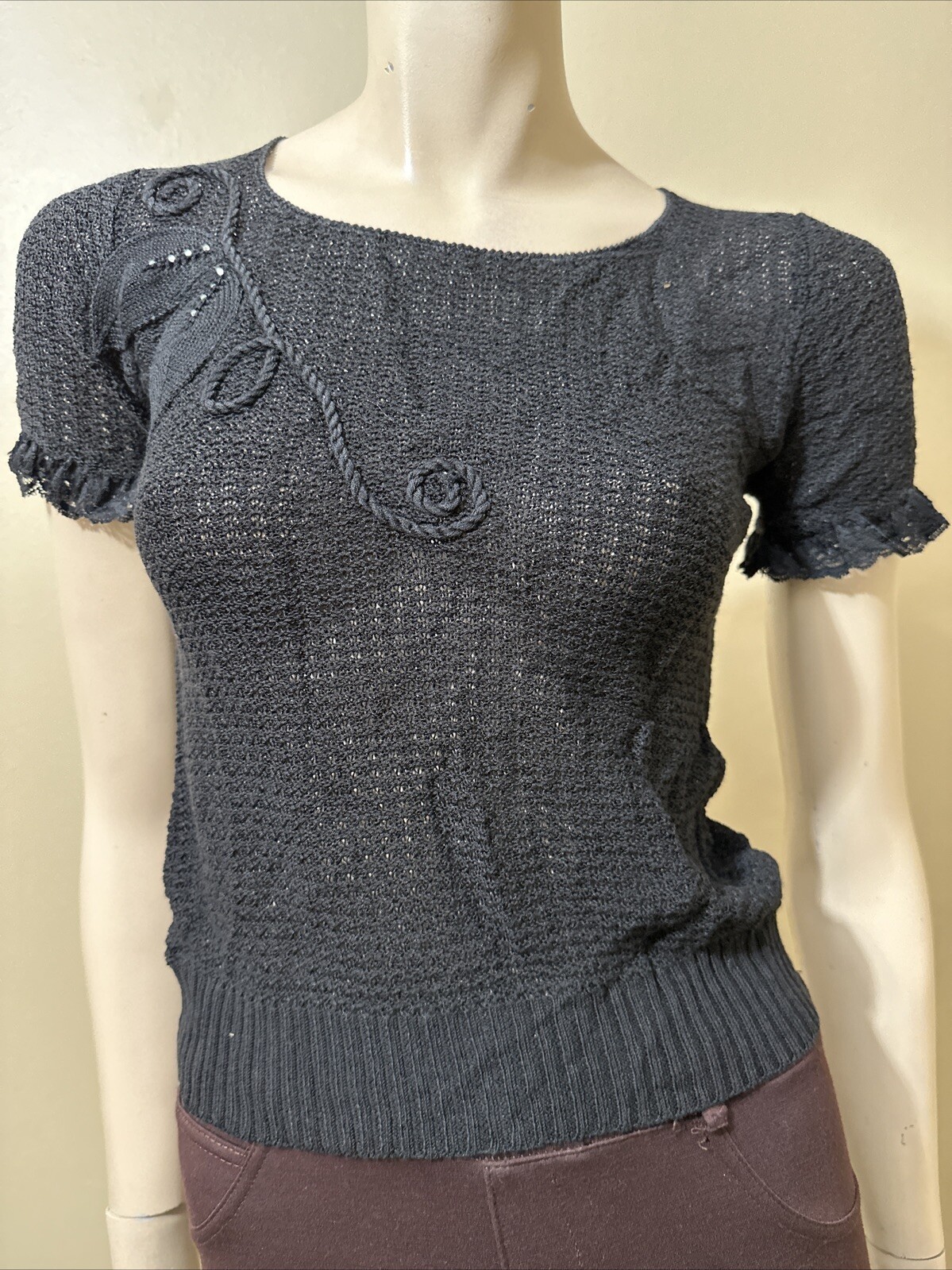 Women’s Black Cotton Crochet Casual Stretch Slim Sheer Lace Beaded One Size Top