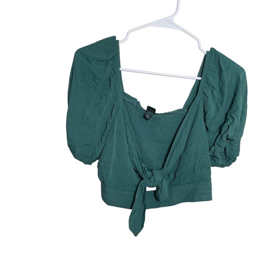 Wild Fable Top Women’s Small Green Cropped Smocked Cottage Puff Sleeve Blouse