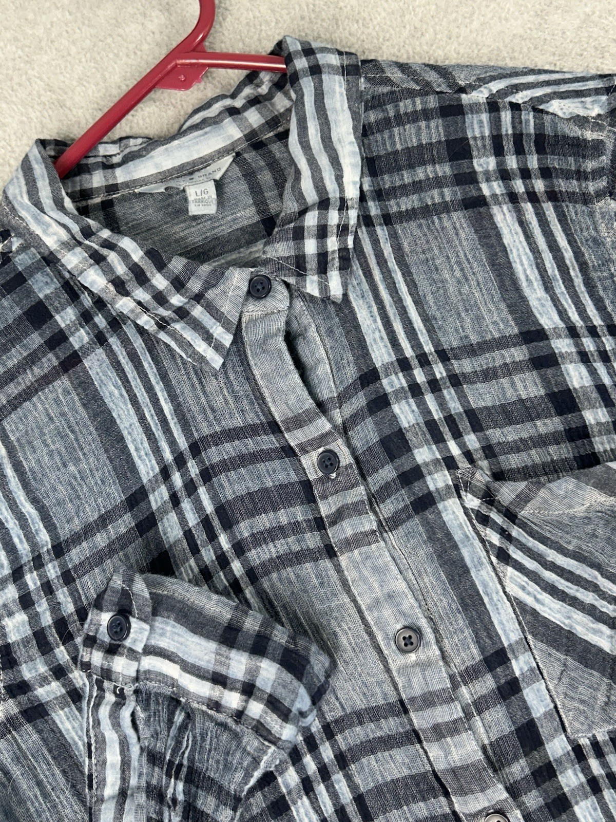 Lucky Brand Plaid Shirt Blue Gauze Button Up Long Sleeve Lightweight Cotton Sz L