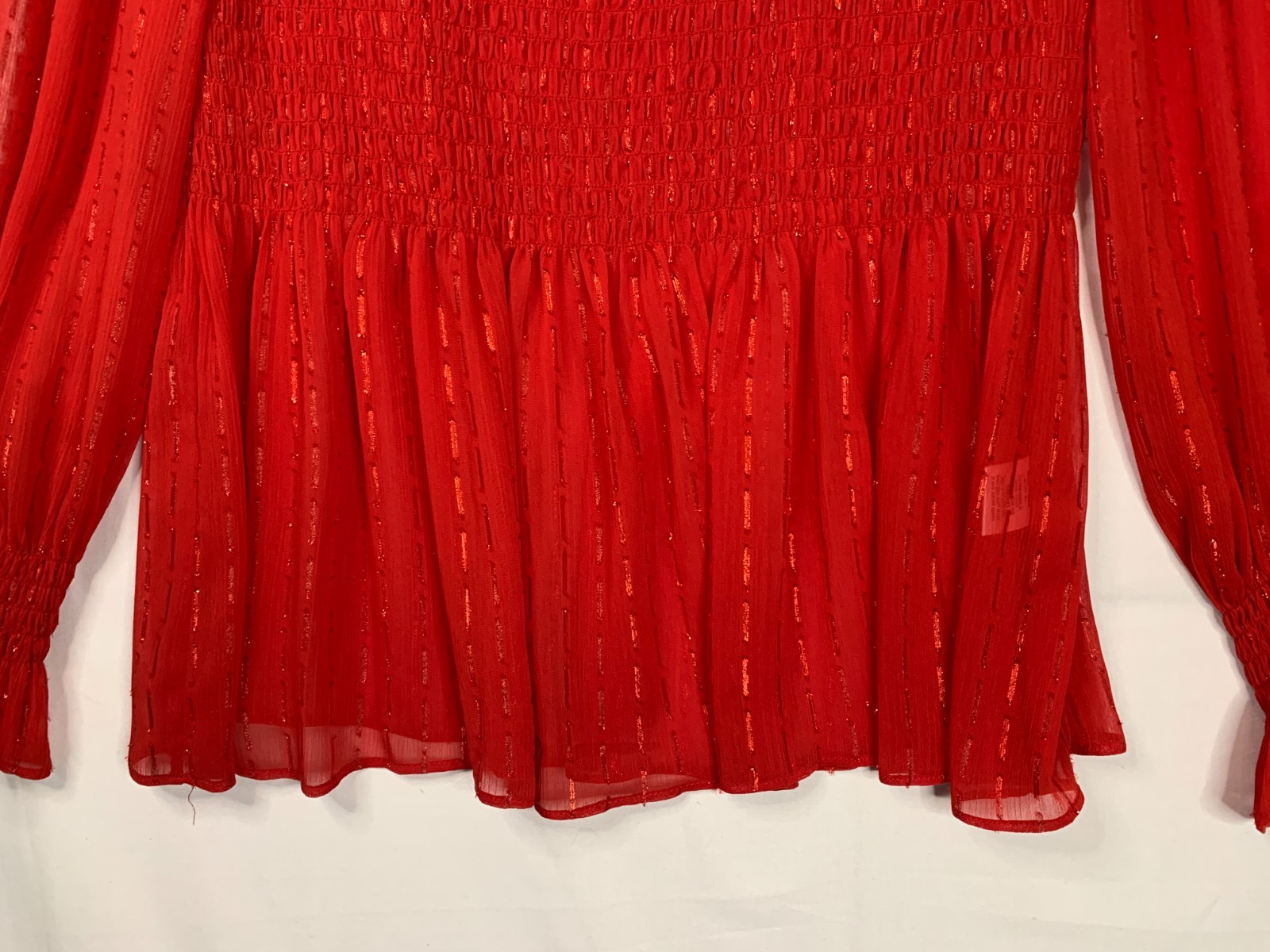 Rose Olive Top Women L Red Smocked Peplum Keyhole Neck Boho Holiday Sparkle