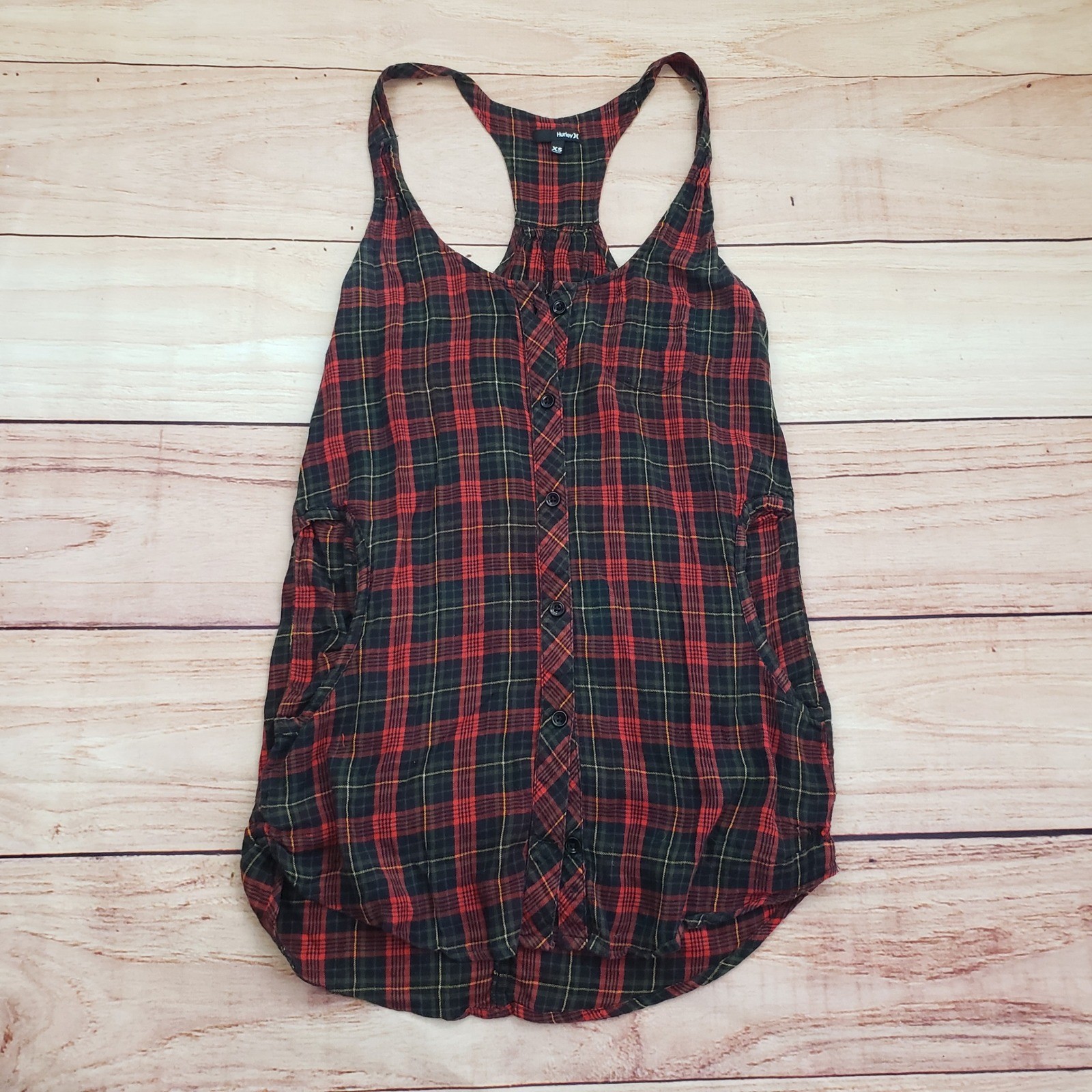 Hurley Shirt Womens Extra Small Red Plaid Tank Top Button Front Sleeveless Surf